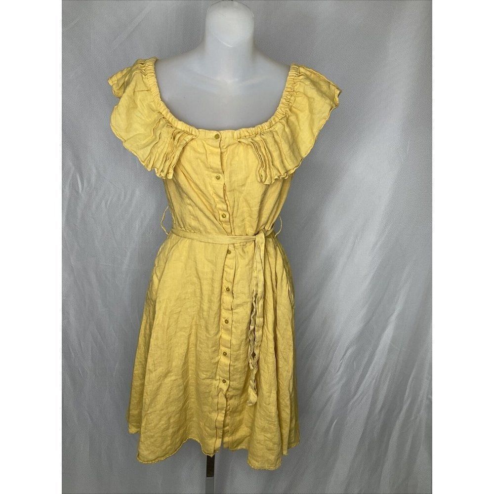 Zara Large Boho Off Shoulder Knee Length Yellow Linen Dress Date Night Romantic - Picture 3 of 8